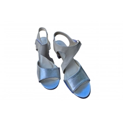Sandały damskie ze skóry srebro-ecru obc.6cm nr.37